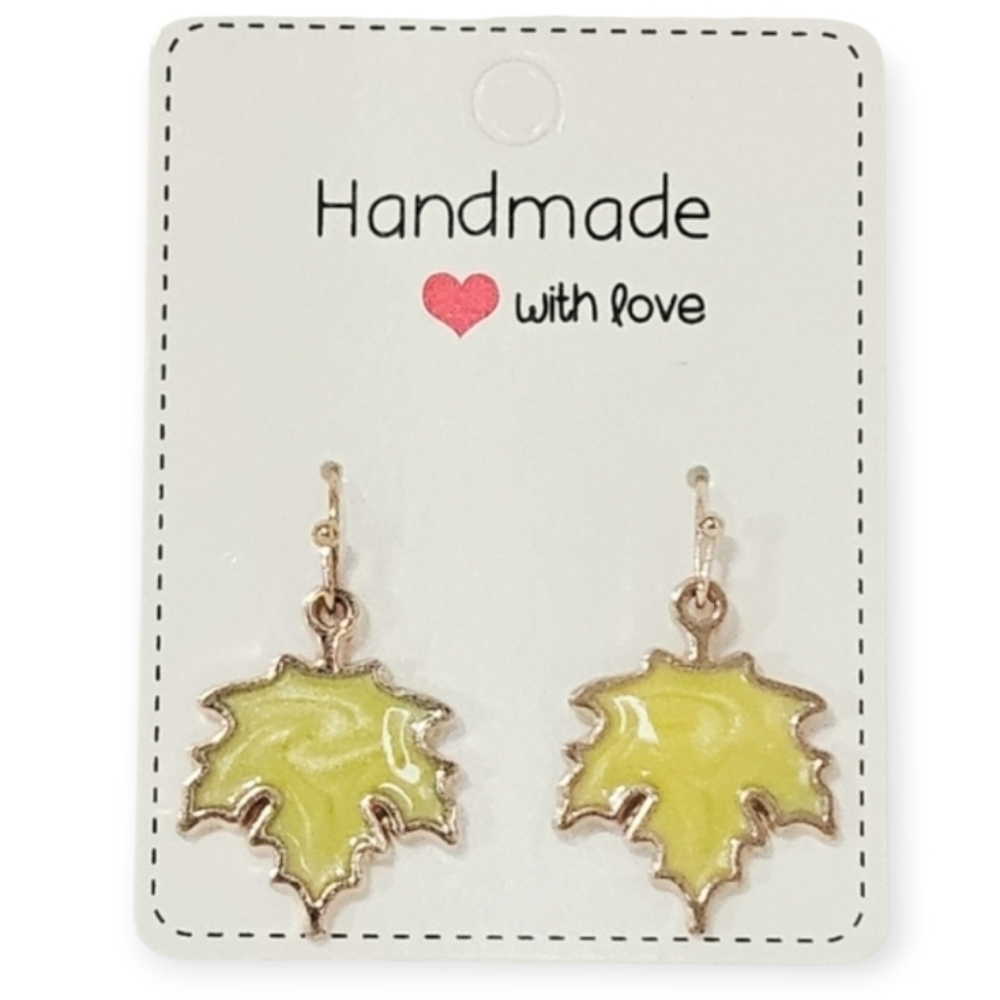 Green Maple Leaf Dangle Earrings Enamel Gold Fall Thanksgiving Autumn - Picture 2 of 5